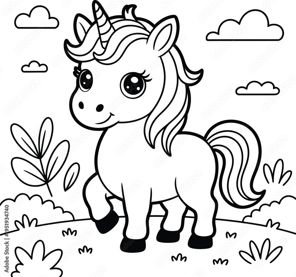 Obraz premium Cute unicorn coloring page for kids with clouds and nature background