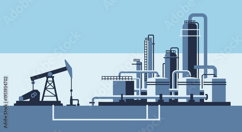 Oil Pumpjack, Pipeline, and Refinery Facility Illustration