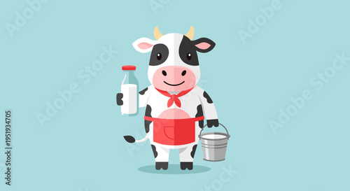 Cartoon cow in red apron holding bucket.