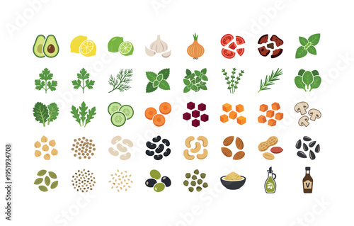 Vegan condiment ingredients and preparation items featuring avocado halves, lemon halves, lime halves, garlic cloves, onion bulb,