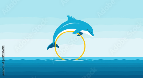 Dolphins jumping through yellow hoop.