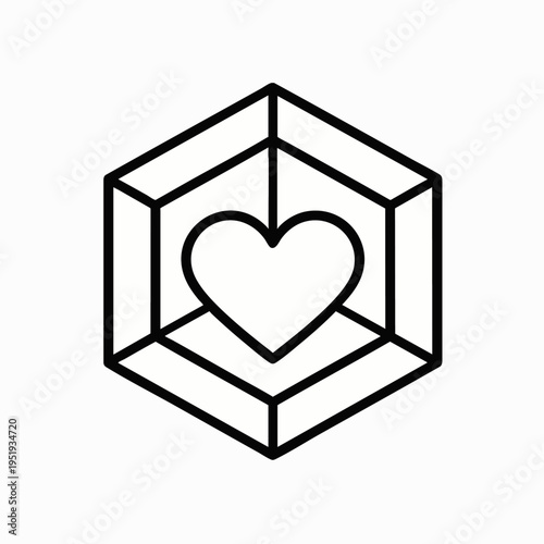 Clean line art illustration of a heart symbol elegantly enclosed within a modern geometric hexagon, conveying themes of love, protection, preciousness, and digital security.