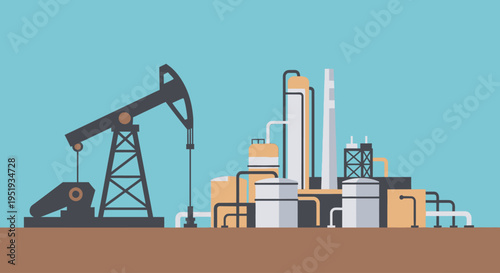 Industrial Oil Pumpjack and Refinery Plant for Energy Production