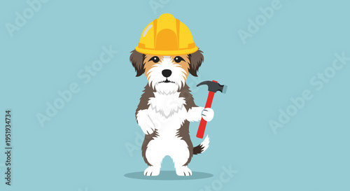 Cute dog wearing hard hat holds hammer.