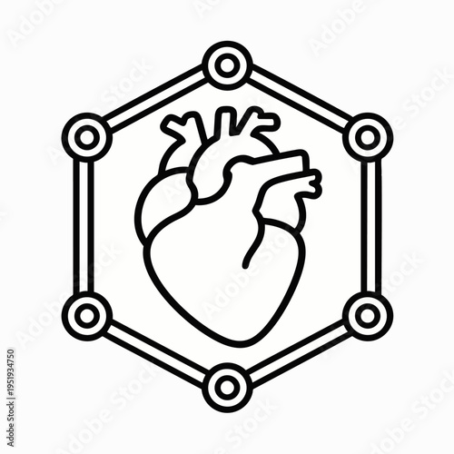 Clean line art icon of a human heart within a geometric hexagon, perfect for medical technology, digital health, and biological system concepts.