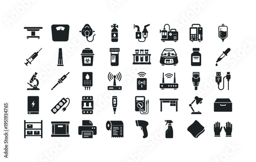 Veterinary emergency care accessories featuring examination table platform, weighing scale pet device, oxygen mask respirator,