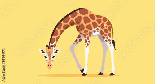 Giraffe bending down to eat grass.