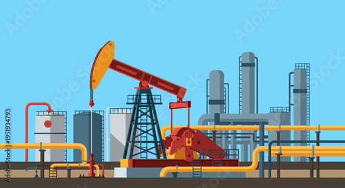 Industrial Oil Pumpjack with Refinery Plant and Pipelines Scene