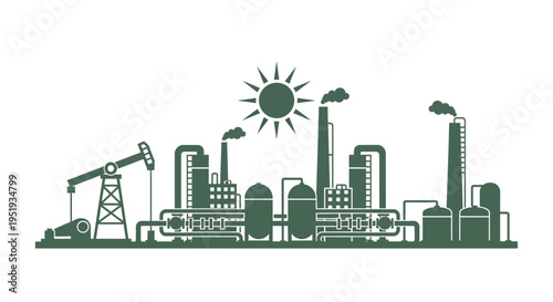 Industrial plant with Oil Pumpjack, factories, and storage tanks silhouette. Energy production concept