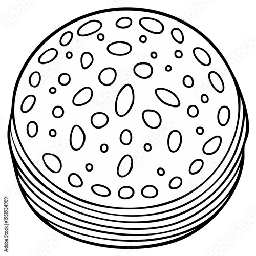 Black and white illustration of stacked sliced pepperoni sausage for culinary use or arts and crafts projects
