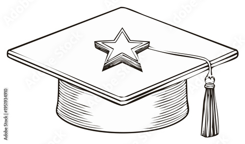Line art illustration of a graduation cap adorned with a star, symbolizing academic achievement and success.