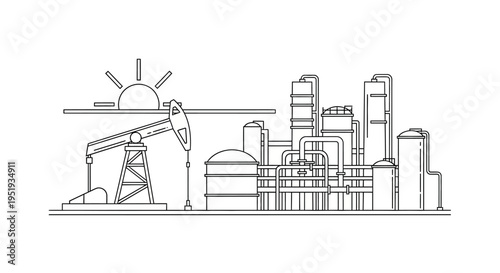 Oil Pumpjack with Industrial Refinery in Outline Art for Energy Production