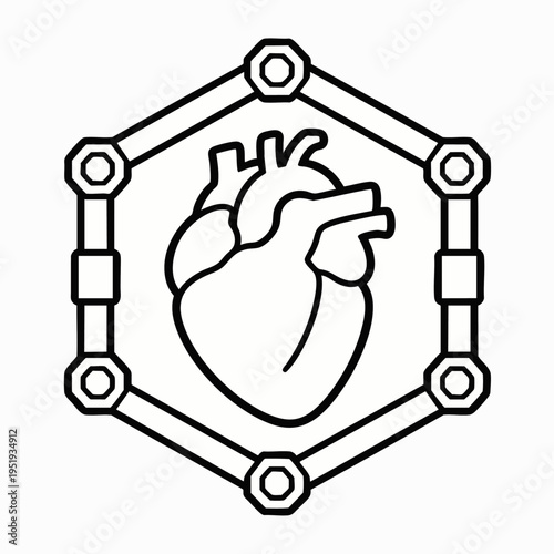 Black and white line art of an anatomical human heart enclosed in a complex mechanical hexagonal border, illustrating biotech, health tech, and AI.