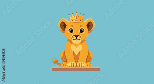 Lion Cub Wearing Golden Crown Sitting.