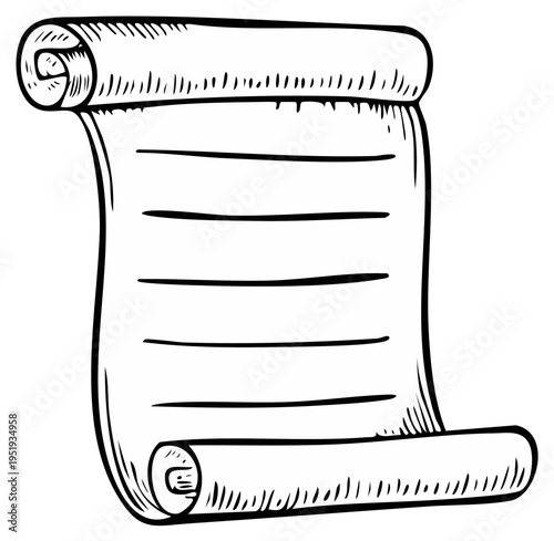 Old paper scroll parchment manuscript with blank lines hand drawn sketch illustration