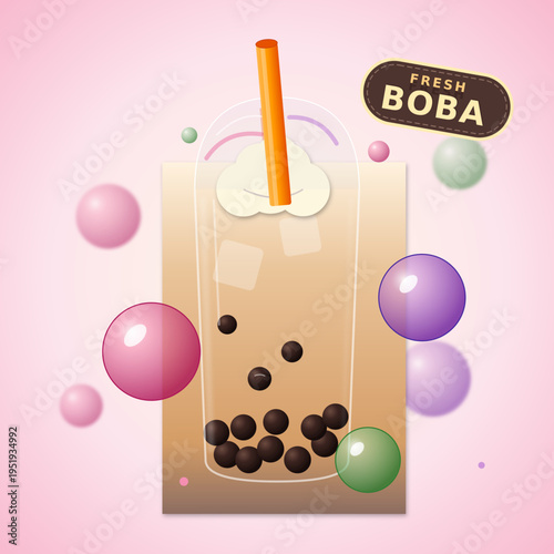 Vibrant vector illustration of a refreshing boba milk tea with tapioca pearls, a large straw, and a creamy topping set against a pastel bubble background.