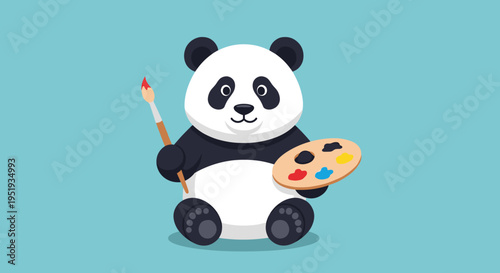 Panda bear holding paint brush palette.