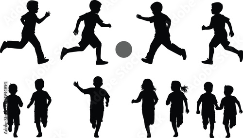 Black silhouette illustration of ten children running and playing with ball showing dynamic motion, energy, and social activity