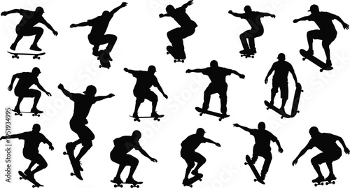 Black silhouette illustration of skateboarders performing tricks, flips, and jumps showcasing dynamic motion, energy, and urban sport culture