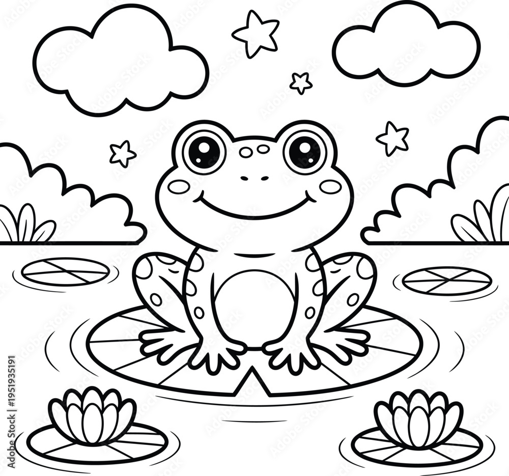 Fototapeta premium Cute frog sitting on a lily pad in a pond coloring page for kids