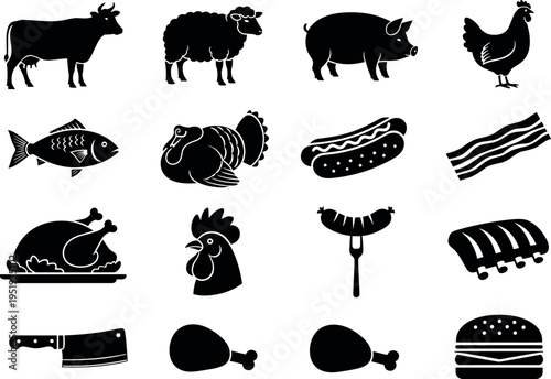  Black silhouette vector illustration of farm animals and meat products including cow, pig, chicken, fish, sausage, ribs, and burger concept
