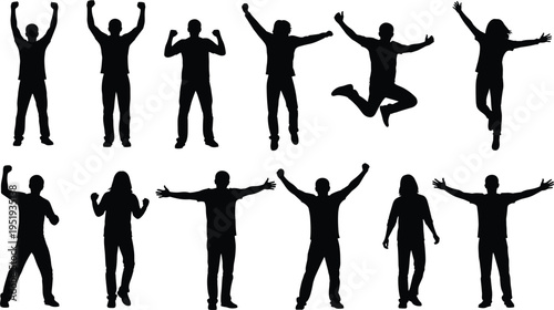 Black silhouette illustration of twelve people in joyful expressive poses celebrating individuality, freedom, happiness, and dynamic human motion
