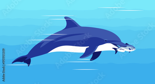 Large dolphin swimming in ocean water.