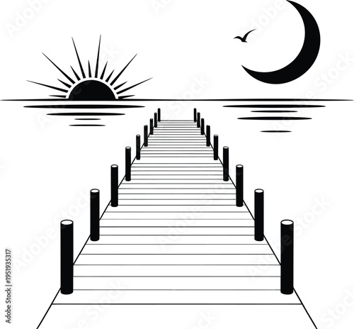 Black and white vector illustration of a wooden pier leading to the horizon with sun and moon together