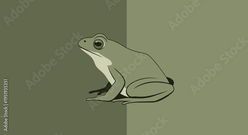 A green frog sitting calmly outside.