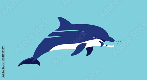 A dark blue dolphin swims right.