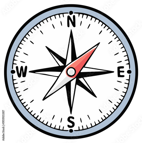 Hand drawn illustration of a compass showing directions north east south and west