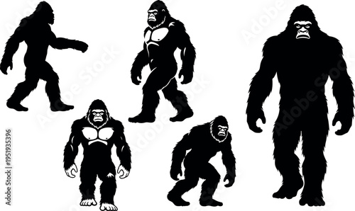  Black silhouette vector illustration of gorillas in different poses with upright, crouching, and standing stances for wildlife concept