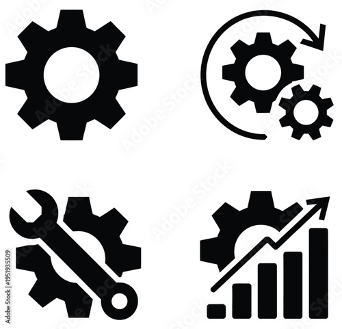 Settings and maintenance icon collection with gear and wrench symbols, system update, workflow optimization, configuration control, and automation process vector