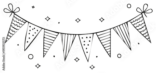 Drawn bunting flags with confetti for celebration and festive occasions design.