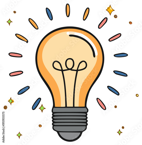 Bright Hand-Drawn Lightbulb with Colorful Rays Symbolizing Innovation, Idea, and Creativity