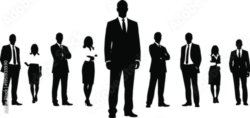 Black silhouette business team, leadership concept, diverse professionals, corporate unity, teamwork icons, men women figures, professional attire vector illustration