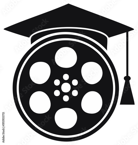 Film reel and graduation cap symbol for education and cinema