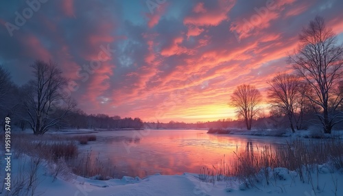 Frozen pond reflects vivid fiery sunset sky with pink orange clouds. Bare trees covered in snow frame calm winter nature scene. Quiet ice landscape at dusk.