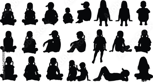 Black silhouette children, sitting, cross‑legged, relaxed poses, lying down, casual posture icons, diverse hairstyles, hats, ponytails, vector illustration design
