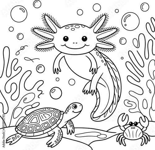 Cute axolotl with turtle and crab coloring page for kids