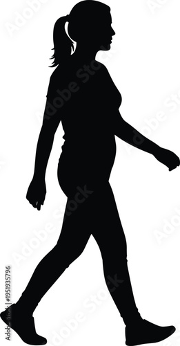 Billede på lærred Black silhouette of woman walking casually with ponytail hairstyle, wearing snea