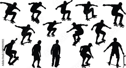 Black silhouette skateboarders, performing tricks, jumping, dynamic poses, skating motion, extreme sport icons, athletic movement vector illustration design