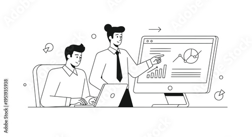 Vector illustration of two businessmen working together on laptop and computer