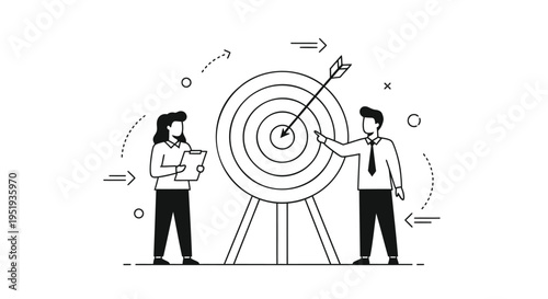 Vector illustration of business team with target and arrow, goal concept