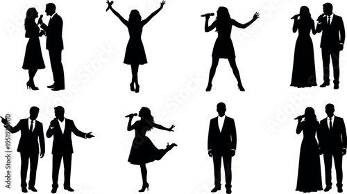 Black silhouettes of people celebrating, singing, performing with microphones and trophies, formal event vector artwork for concert, award, and design content