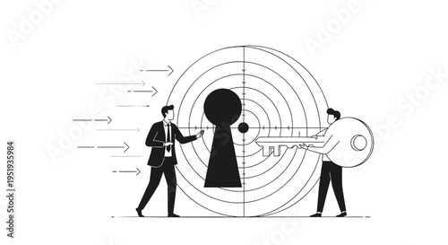Vector illustration of two businessmen with key and lock, teamwork concept