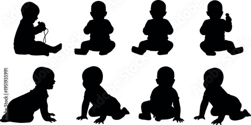  Black silhouette vector illustration of babies sitting and crawling, infant development stages, playful postures, childhood movement, expressive artwork design