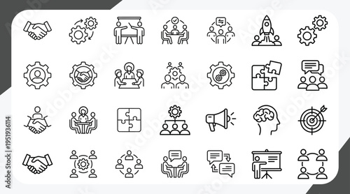 Teamwork line icons set. Businessman outline icons collection. Work group and human resources. Business teamwork, human resources, meeting, partnership, meeting, work group, success - stock vector.