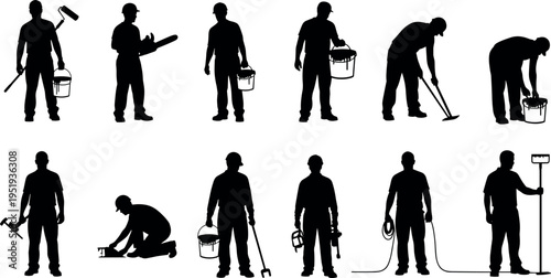 Construction worker silhouette vector illustration with painting tools, rollers, brushes, buckets, diverse poses, manual labor artwork, building design inspiration