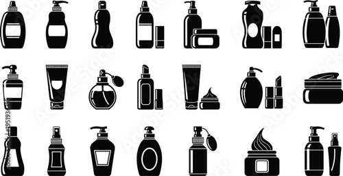 Cosmetic packaging silhouettes featuring pump bottles, squeeze tubes, jars, spray containers, perfume bottles, beauty product icons for hygiene and personal care